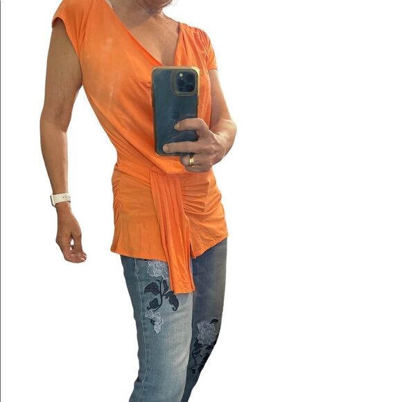 CACHE Orange Short sleeves drop neck waist ruched details rayon blouse Size S - Picture 8 of 14